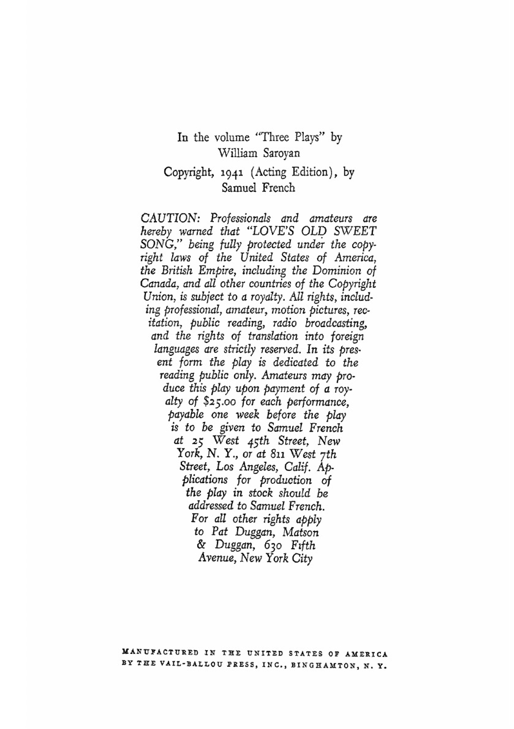 Love S Old Sweet Song. A Comedy In Three Acts | William Saroyan