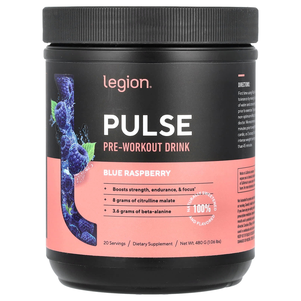 Legion Athletics, Pulse, предтренировочный напиток, голубая малина, 480 г (1,06 фунта)