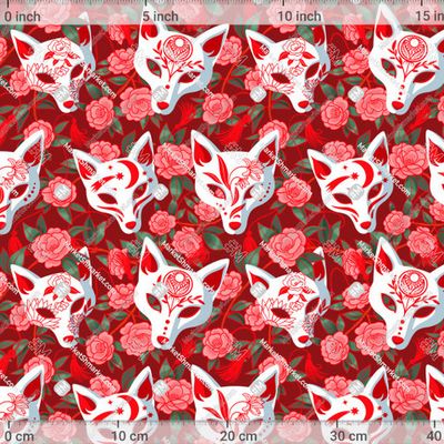 Маски лисиц кицунэ и цветущая камелия на бордовом by Irina Ivanova 600 DPI