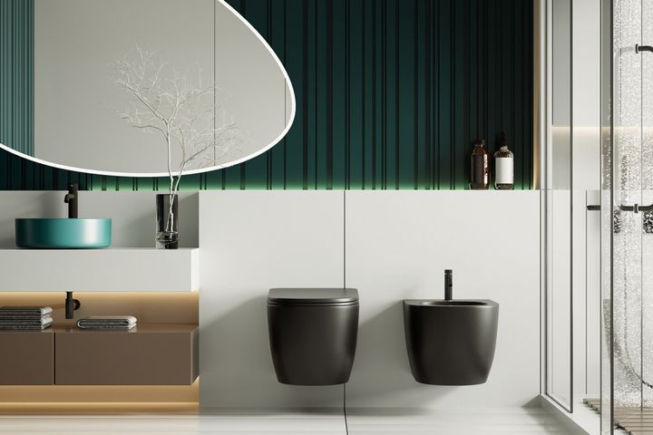 Комплект ABBER унитаз AC1100MB черный матовый с инсталляцией AC0105 и кнопкой AC0120MB, биде AC1150MB с инсталляцией AC0101P