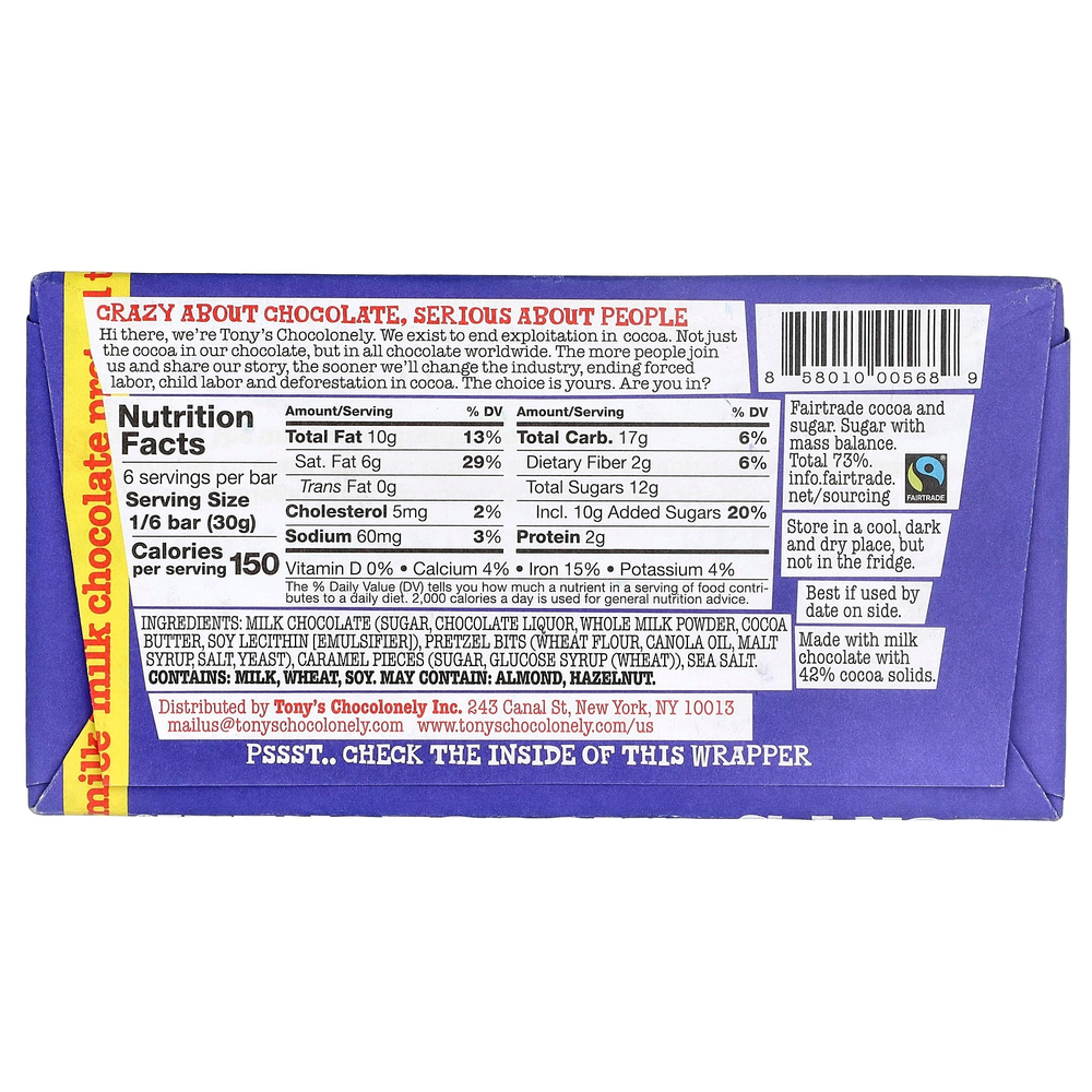 Tony's Chocolonely, молочный шоколад, с кренделем и ирисом, 180 г (6,35 унции)