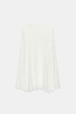 ZARA ЮБКА МИДИ С АЖУРНОЙ ВЫШИВКОЙ, БЕЛЫЙ