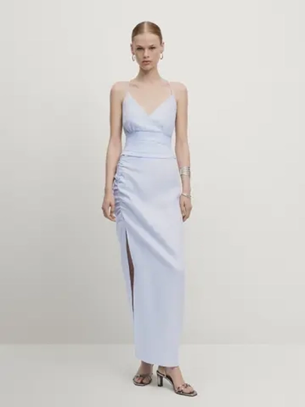 Massimo Dutti Льняная юбка со сборкой - Studio, небесно-голубой