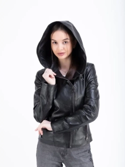Куртка женская из натуральной кожи с капюшоном трансформер