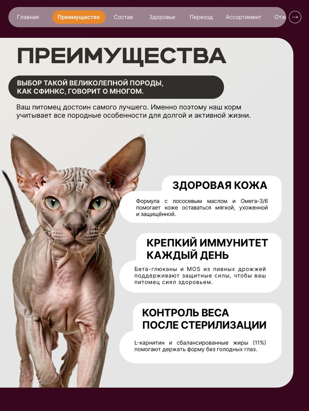 Корм сухой для взрослых стерилизованных кошек породы Сфинкс, полнорационный комплекс, с лососем, 400 гр, QUATTRO