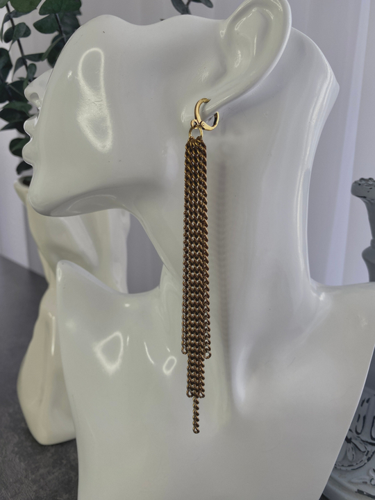 Серьги длинные цепочки на замке левербек, золотые с серебряными гранями