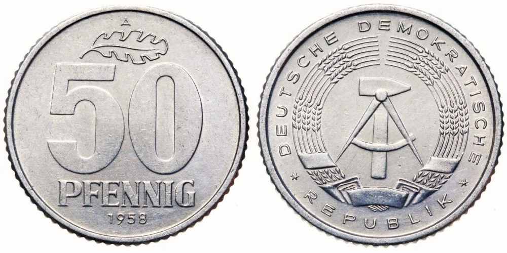 Германия - ГДР 50 пфеннигов, 1958 Герб aUNC