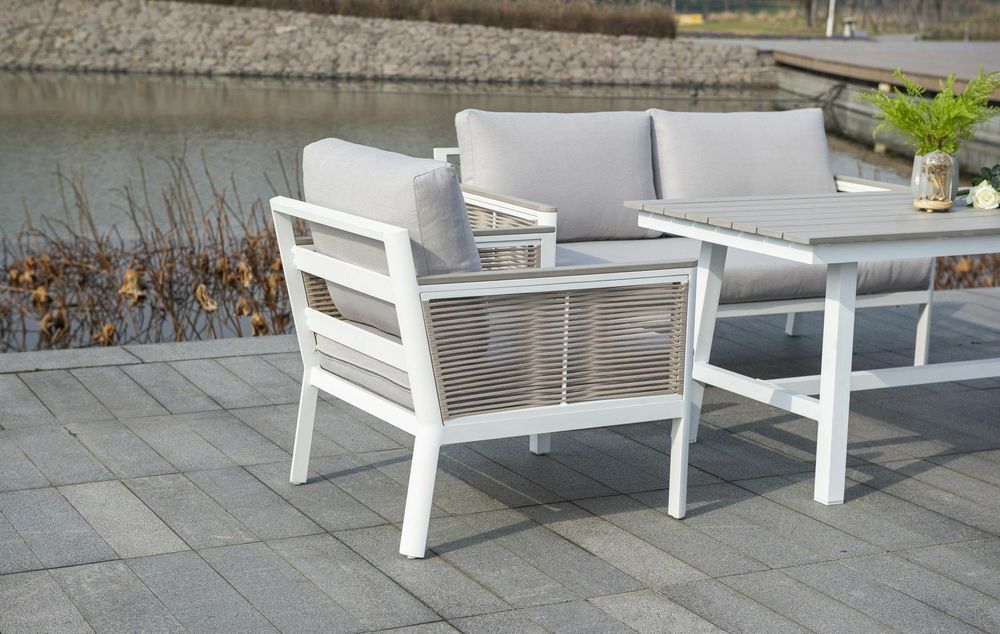 "Сан Ремо" кресло плетеное из роупа садовое, каркас алюминий белый, роуп бежевый, ткань бежевая