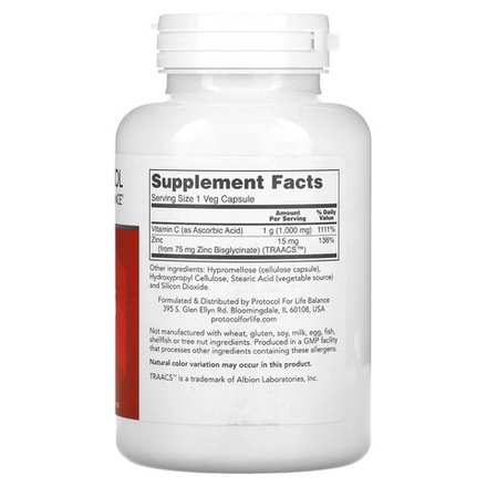 Protocol for Life Balance, C-1000 + Zinc-15, 120 вегетарианских капсул