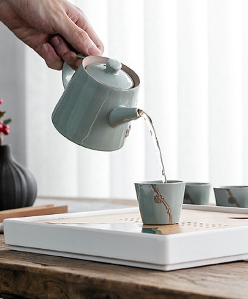 242100.2 Сервиз ГЭЯО "Сакура" зеленый, 1 чайник, 6 пиал , фарфор