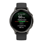 Спортивные часы Garmin Venu 4, 41 мм, чёрный силиконовый ремешок Безель из нержавеющей стали сланцевого цвета, корпус сланцевого цвета, AMOLED-дисплей со стеклом Gorilla Glass. Ремешок с классической застёжкой — на запястье обхватом 110–175 мм