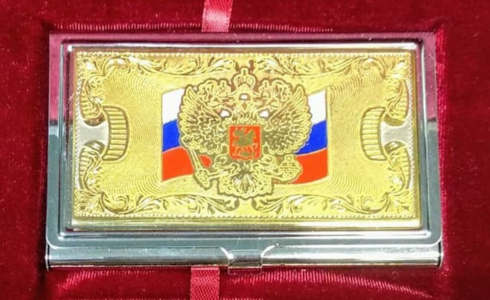 Визитница металлическая персональная "Герб РФ с флагом триколор" с эмалью