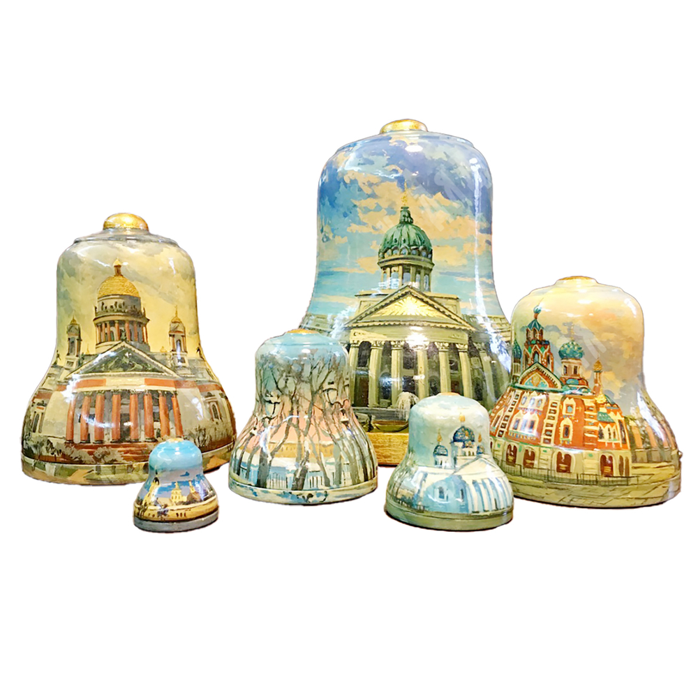 Матрешка-колокол из 6 частей. Храмы Санкт-Петербурга. Дерево, лак, ручная роспись. Россия, 2000-е гг