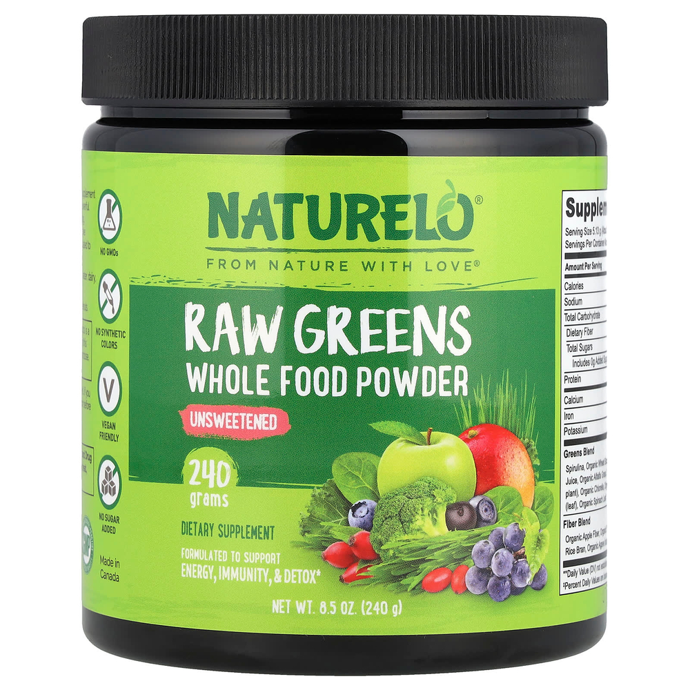 NATURELO, Порошок из цельных продуктов из необработанной зелени, несладкий, 240 г (8,5 унции)