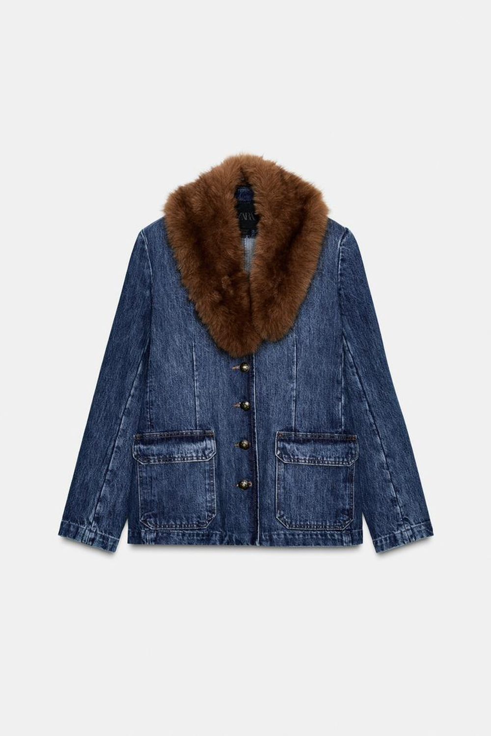 ZARA ДЖИНСОВЫЙ БЛЕЙЗЕР С ВОРОТНИКОМ ИЗ ИСКУССТВЕННОГО МЕХА — ZW COLLECTION, СИНИЙ