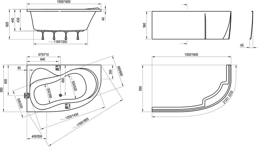 Ванна ROSA 160x95 правая белая