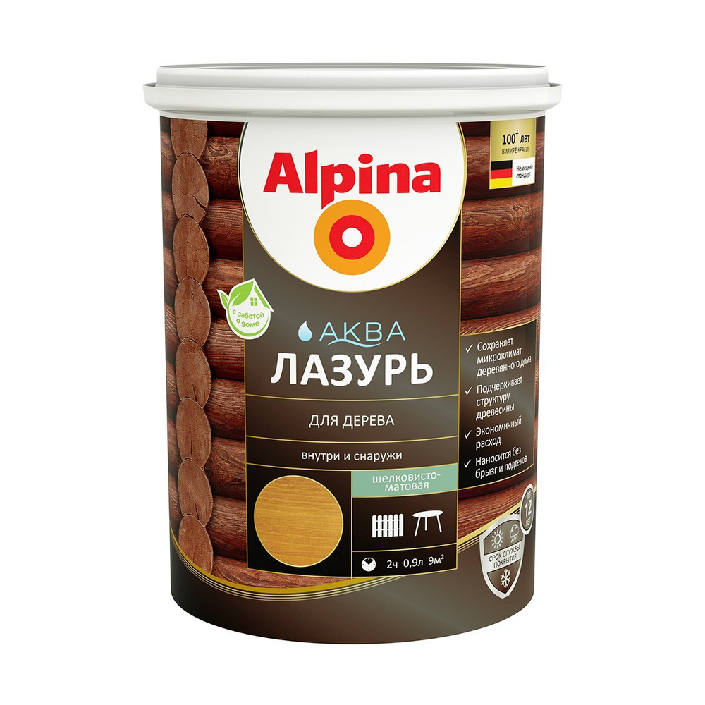 ЛАК АКРИЛОВЫЙ ВОДНО-ДИСП ALPINA АКВАЛАЗУРЬ Д/ДЕРЕВА ТИК, 0,9Л/0,90КГ