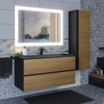Тумба с раковиной Uperwood Barsa 100 см, раковина черная глянцевая, подвесная тумба черная/дуб сонома