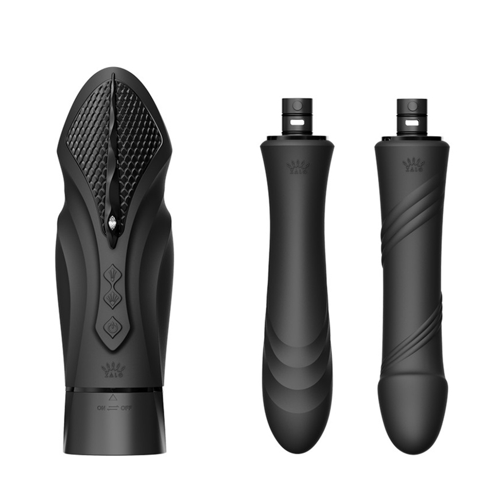 Чёрная компактная секс-машина 37,9см с двумя насадками и функцией нагрева Zalo Sesh Compact Sex Machine Obsidian Black