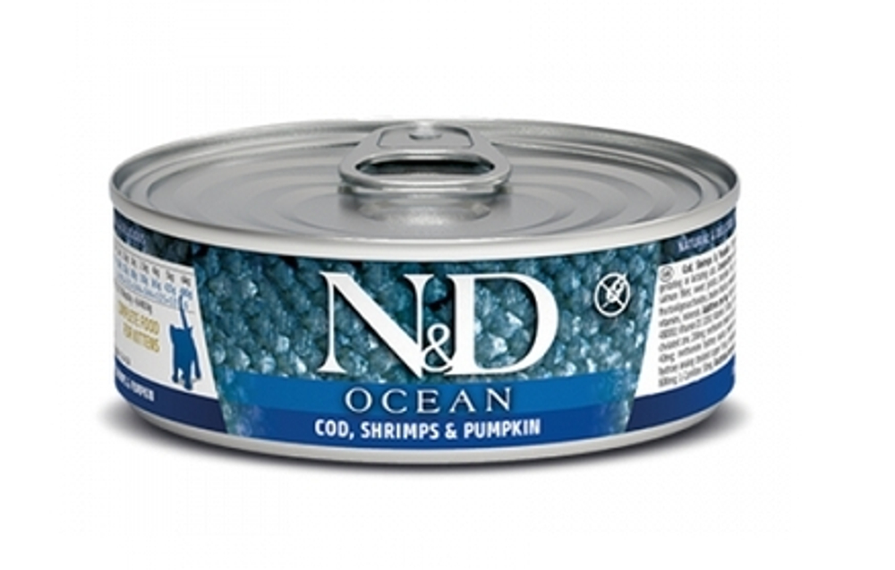 FARMINA N&D Консервы для кошек OCEAN Треска с Креветками и Тыквой, 80гр