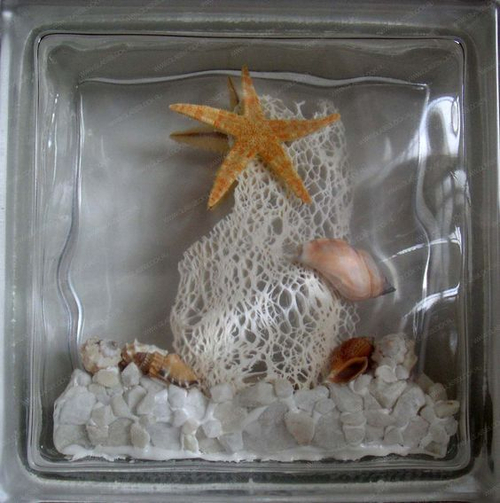 Стеклоблок декоративный Морские звезды и ракушки МТ-020-Б  19x19x8 см.
