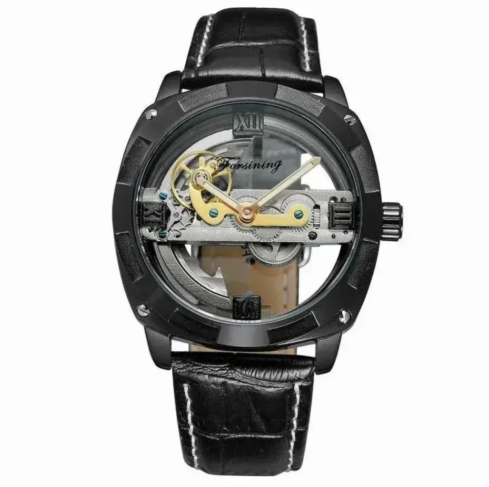 Часы наручные механические скелетоны FORSINING на кожаном ремешке, черный W8990-03