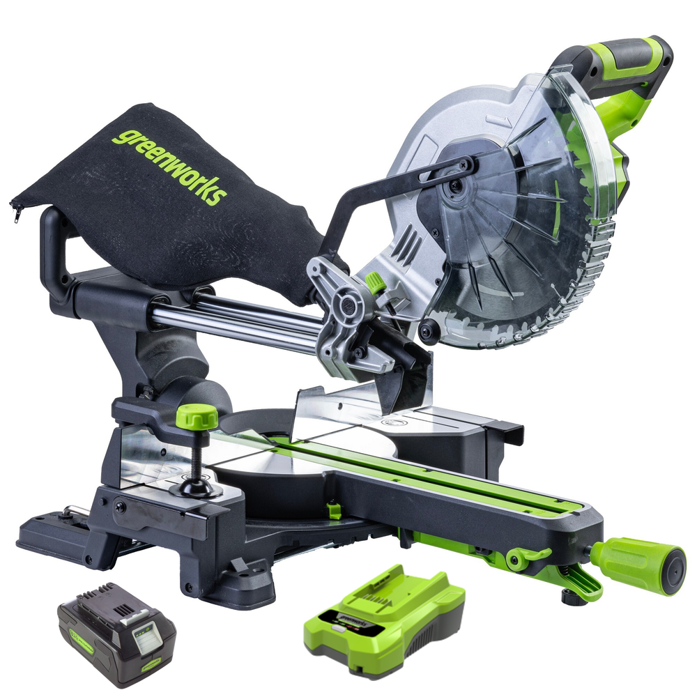 Торцовочная пила акк. Greenworks GD24MS216, 24V, б/щ, 4800 об/мин, 216x30мм,рез 65х310мм,с 1хАКБ 4Ач и быстрым ЗУ (1501707UB)