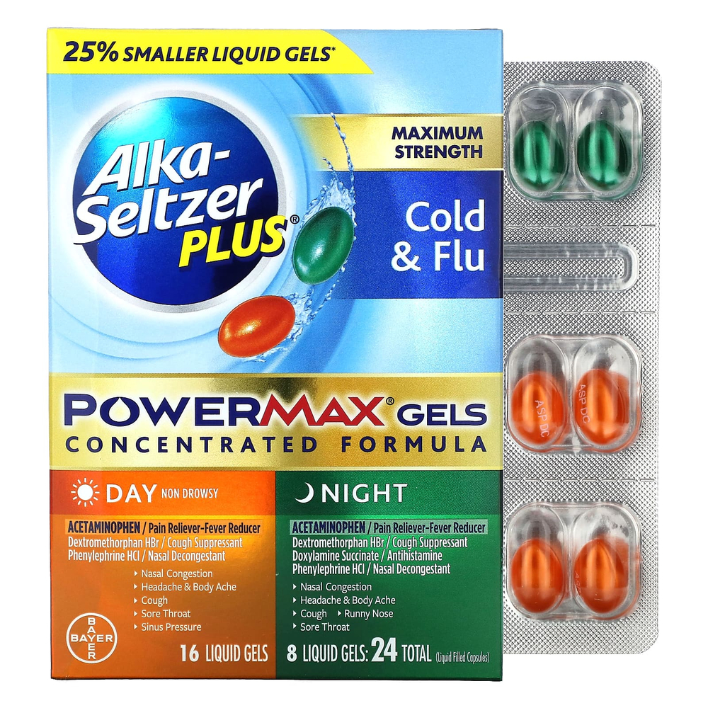 Alka-Seltzer Plus, Максимальная сила действия при простуде и гриппе, PowerMax, дневное и ночное средство, 24 жидких геля