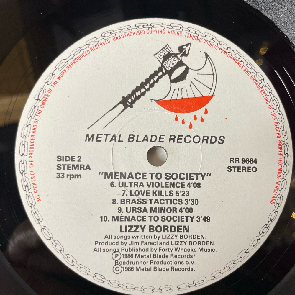 Винтажная виниловая пластинка LP Lizzy Borden Menace To Society (Holland 1986)
