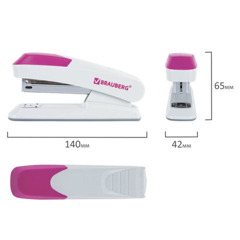 Степлер №24/6, 26/6 BRAUBERG "Delta", до 20 листов, с резиновой накладкой, серый, розовая вставка, 222557