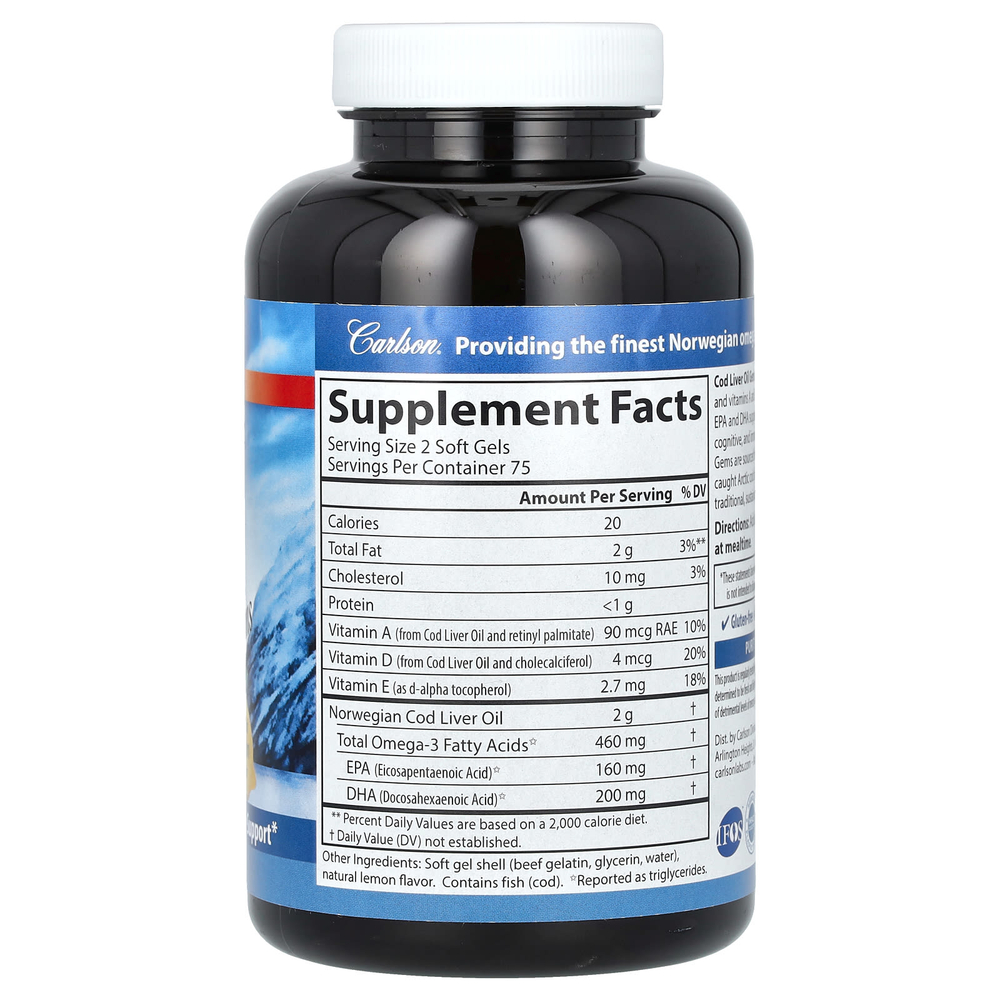 Carlson, Cod Liver Oil Gems, жир из печени норвежской трески дикого улова, с натуральным лимонным вкусом, 460 мг, 150 капсул (230 мг в 1 капсуле)