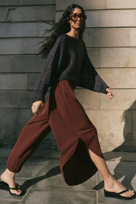 ZARA ШИРОКИЕ БРЮКИ С РАЗРЕЗАМИ, КОРИЧНЕВЫЙ