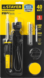 STAYER PROTerm 40Вт с 2К рукояткой, конус, подставка+припой+сменное жало+канифоль, Набор для паяльных работ (55312-40-H5)