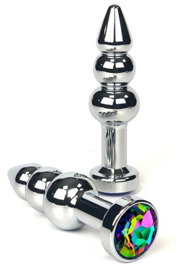 Серебристая коническая анальная пробка-ёлочка с радужным кристаллом - 11 см. (Цвет: разноцветный)