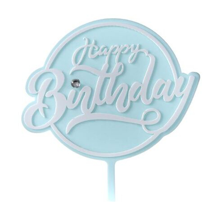 Топпер с алмазом «Happy Birthday» голубой с белой надписью