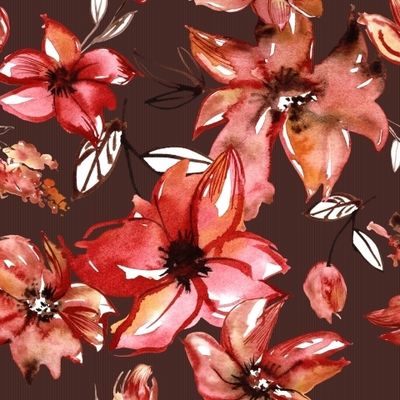 Красные цветы на коричневом фоне. Акварель