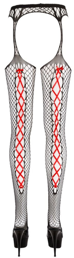 Чулки-сетка на поясе со шнуровками сзади (Размер: S-M) (Цвет: черный с красным)