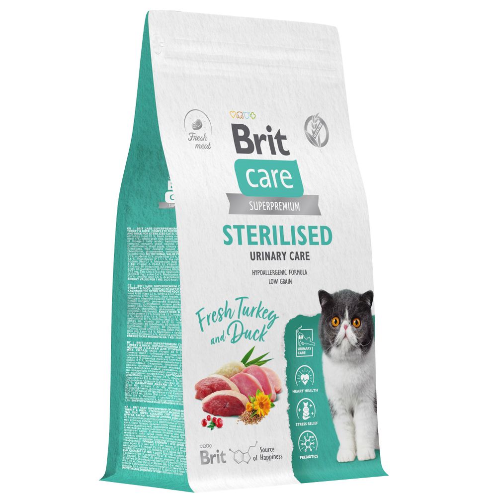 Сухой корм Brit Care Cat Sterilised Urinary Care для стерилизованных кошек профилактика МКБ с индейкой и уткой 7 кг