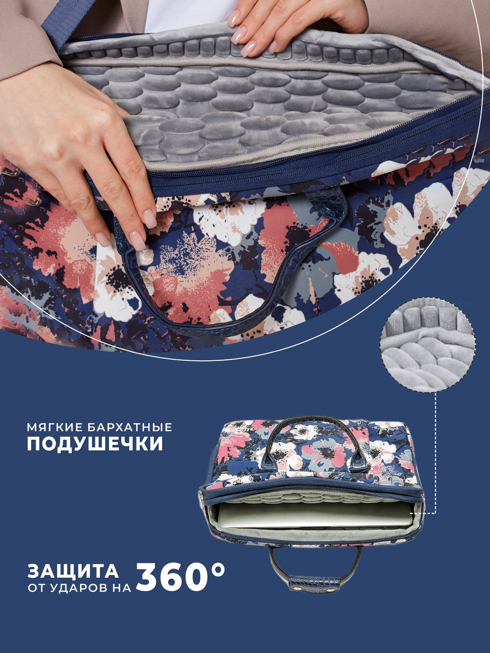 Сумка для ноутбука 15,6" и 17" с ремнем на плечо c функциональным дополнительным отделением (Цветы)