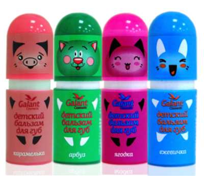 ГАЛАНТ Бальзам д/губ детский Микс ЗВЕРЮШКИ ФРУКТЫ (5видов по 4шт) 3,8г*20*200 цветные флаконы