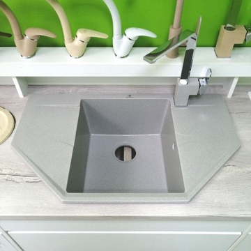 Мойка POLYGRAN RIFF-800 серый №14, смеситель КВАДРО серый