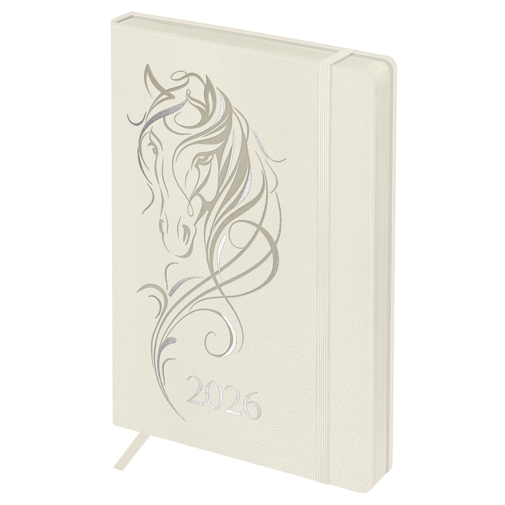 Ежедневник датированный 2026г., А5, 176л., твердый переплет, кожзам, BG "Horse. Pearl", цветной срез, с резинкой, карман DdА5_09395