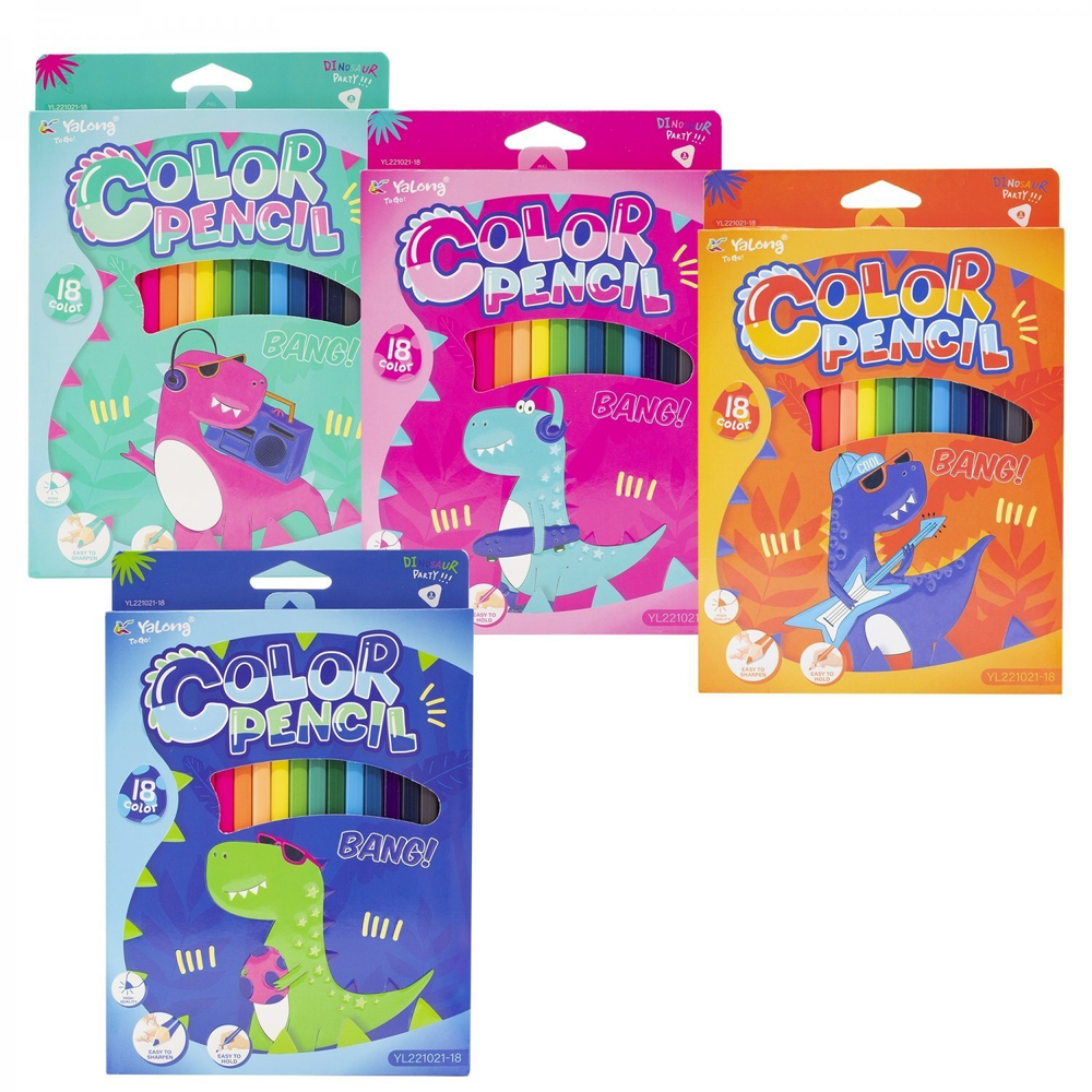 Карандаши цветные Yalong 18 цв., "DINO. BANG!" деревянные, трехгранные, заточенные, грифель 3.0 мм, картон. уп., европодвес