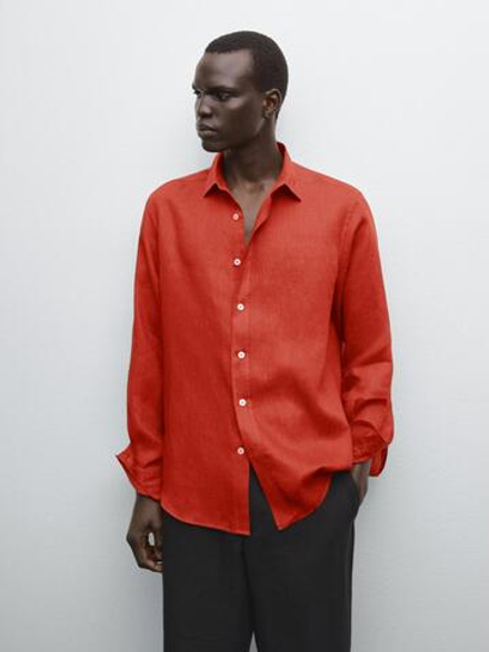 Massimo Dutti Рубашка приталенного кроя из 100% льна, цвет жженого апельсина