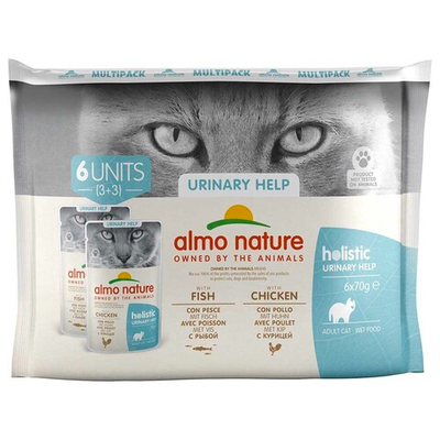 Almo Nature консервы для кошек "профилактика МКБ" с курицей и рыбой 6 штук по 70 г набор пакетиков (Holistic Urinary Help)