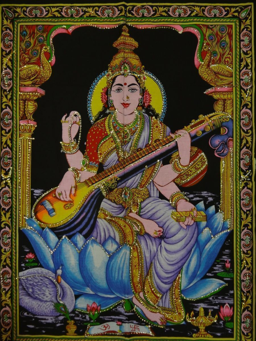 Панно тканевое сарасвати на голубом лотосе 80х107см