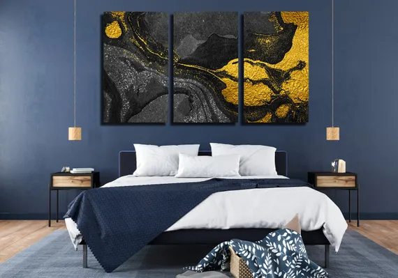 Модульная картина "Текстура развода черная с золотом"