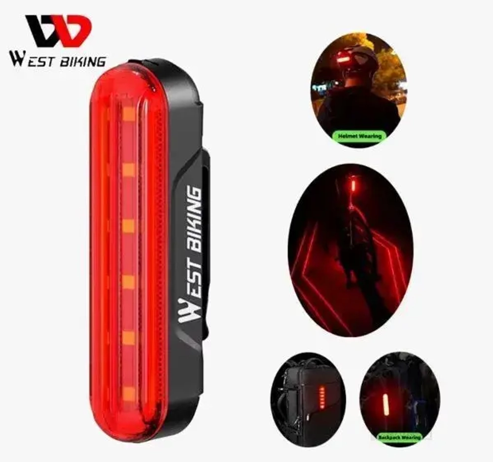 Фонарь велосипедный, задний West Biking YP0701363 (аккум. 450 mAh,USB)