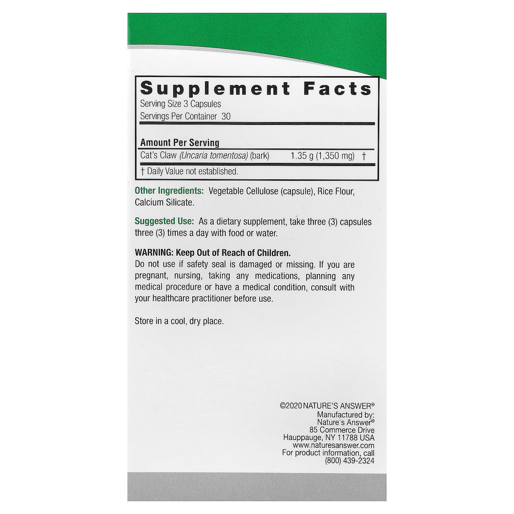 Nature's Answer, кошачий коготь, 90 вегетарианских капсул (450 мг в 1 капсуле)