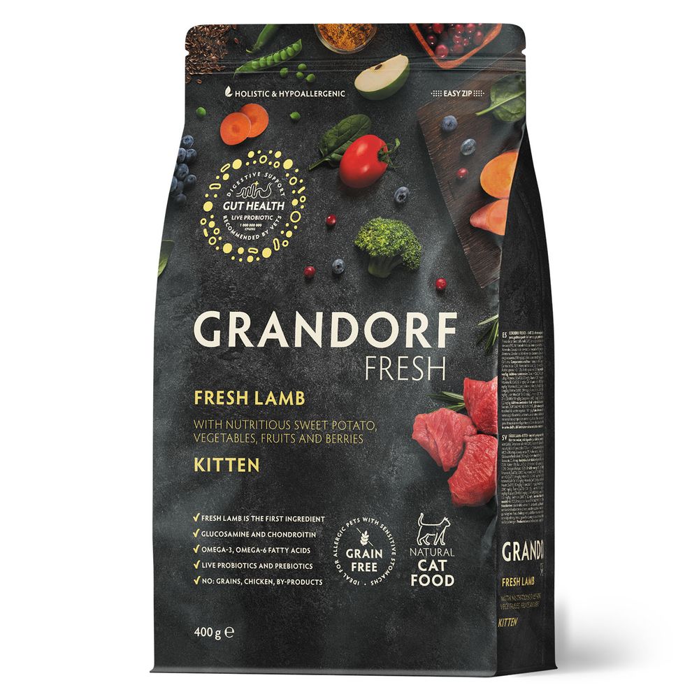 Беззерновой корм с живыми пробиотиками GRANDORF Fresh Cat KITTEN Lamb&amp;Sweet Potato Свежее мясо ягненка с бататом для котят 400 г